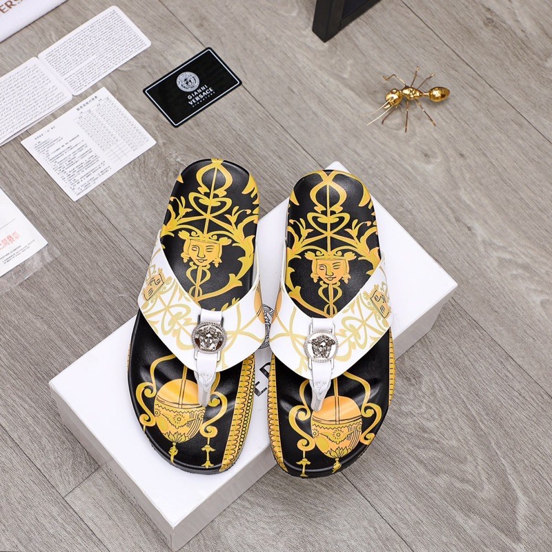 Dép xỏ ngón thời trang cho nam Versace quai da thật cao cấp in 3D sắc nét