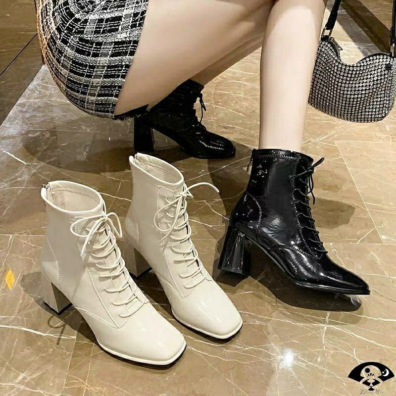 Giày bốt nữ mã 9061 cao cổ gót cao 7p chất liệu da bóng dây buộc kéo khóa sau