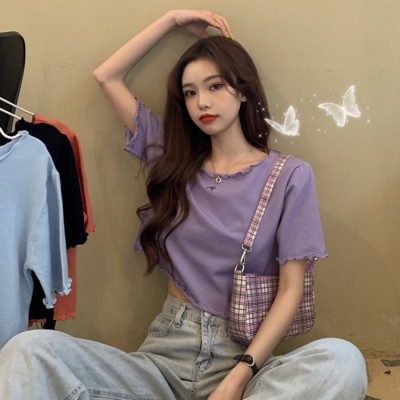 Áo Croptop Dệt Kim Dáng Rộng Tay Ngắn Mùa Hè Cho Nữ