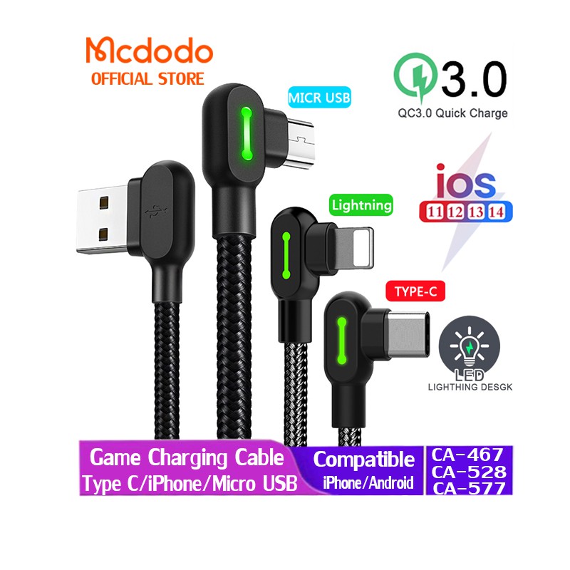 Cáp Sạc Nhanh Mcdodo Cho Điện Thoại iPhone Android Micro Usb / Type-C Bẻ Góc 90 Độ Dài 0.5m 1.2m 1.8m 3m