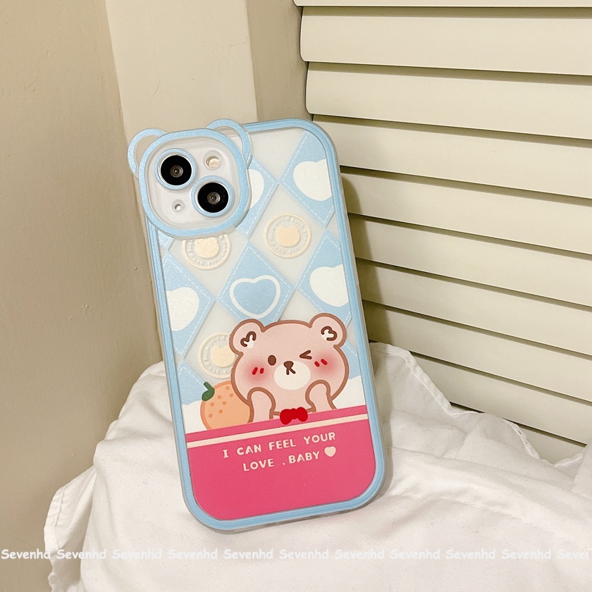 Ốp Điện Thoại Mềm Sọc Ca Rô Đính Tai Thỏ / Gấu Hoạt Hình Cho iPhone 14 13 12 11 Pro Max Xs Max Xr X 6 6s Plus