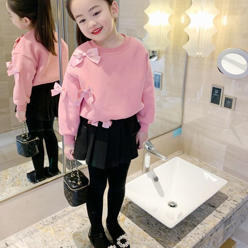 Áo sơ mi tay dài đính nơ màu trơn thời trang mùa thu cho bé gái Se7en