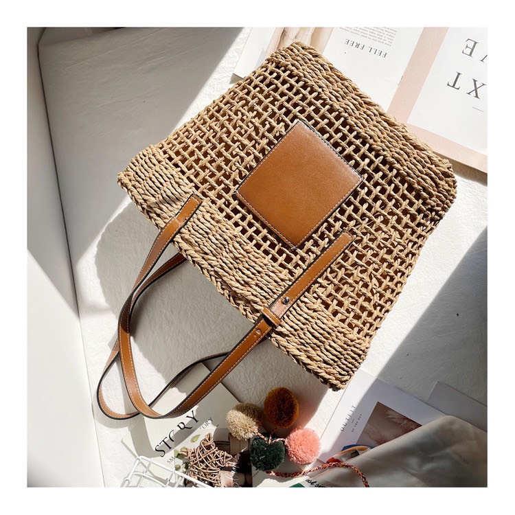 Túi cói đan lưới thưa đeo vai đi biển dây da TIỆM CÓI XINH phong cách vintage