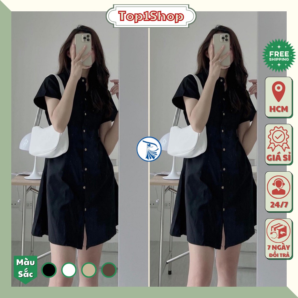 Đầm váy nữ basic Top1shop cổ sơ mi cài cúc chiết eo lưng chun, váy nữ cộc tay nhiều màu