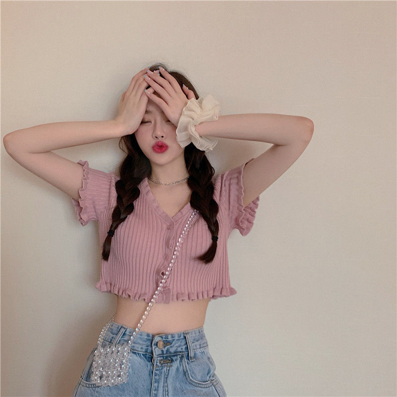 Áo cardigan tay ngắn màu hồng nữ tính xinh xắn