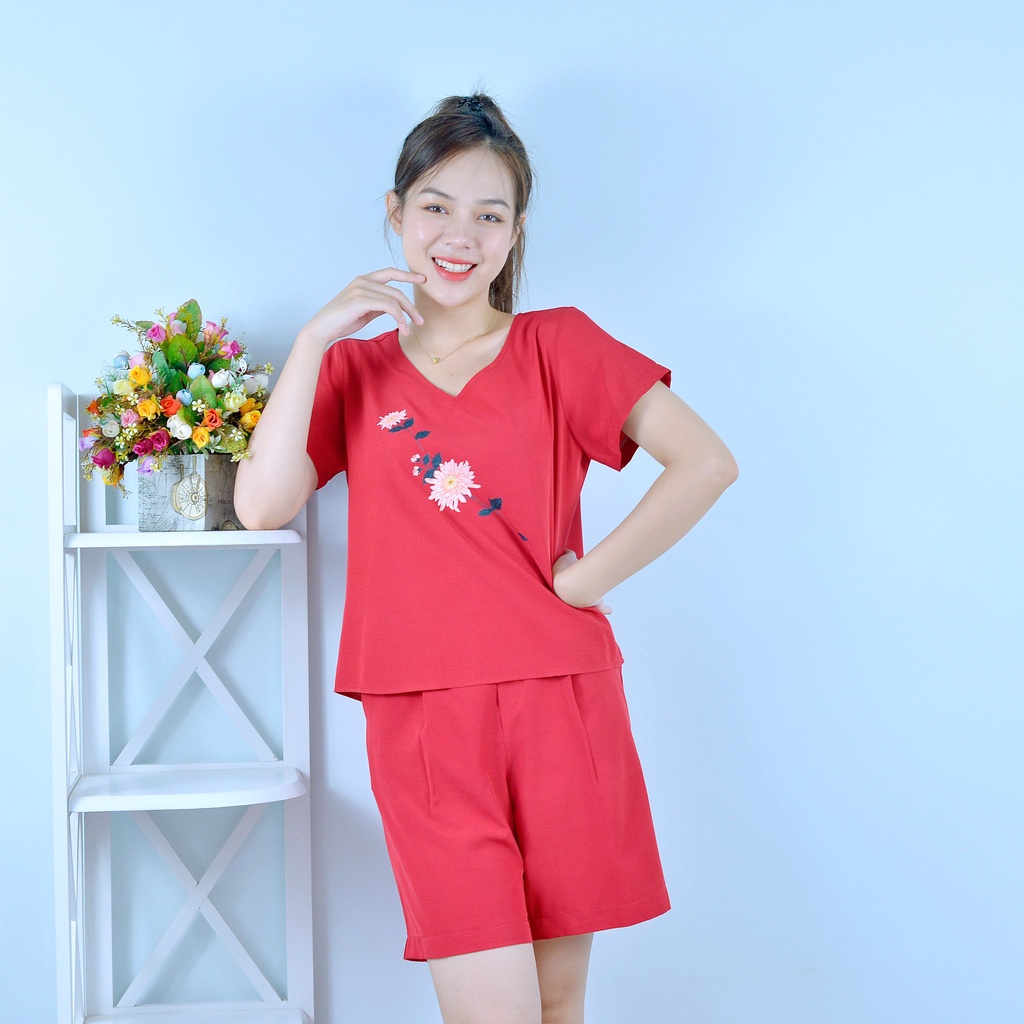 Bộ đồ nữ  MÀU ĐỎ CỔ TIM IN HOA  - vải lụa cao cấp - Cực Kì Sang Chảnh