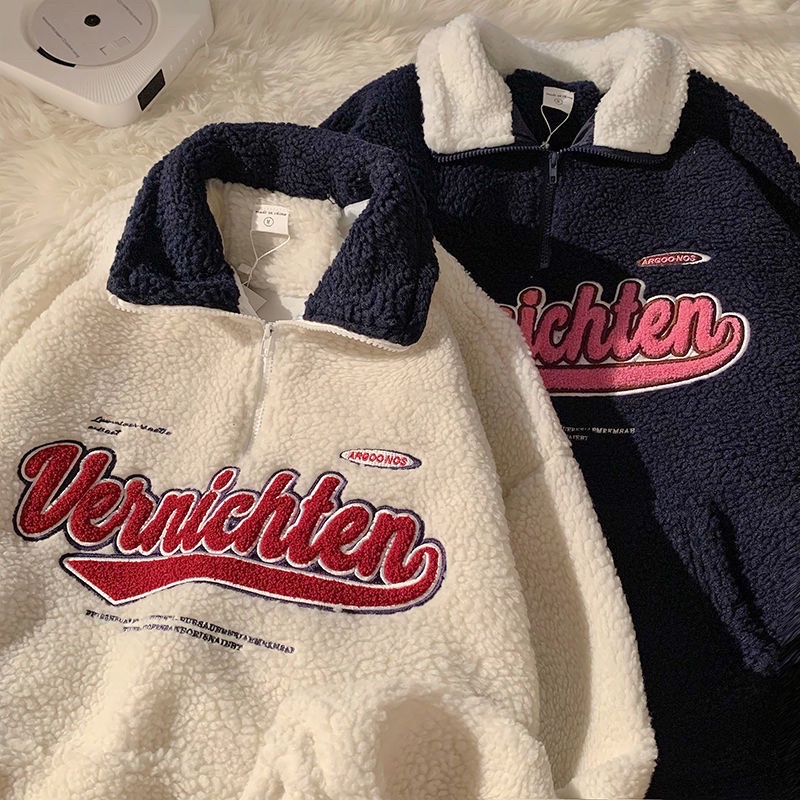 Áo sweater lông cừu dáng polo cổ phối màu phong cách