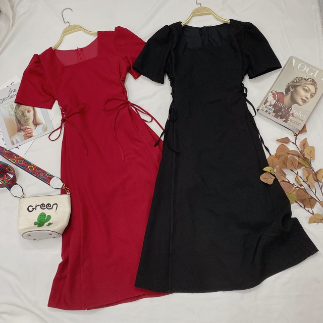 ĐẦM XOÈ ĐAN EO CỔ VUÔNG TAY NGẮN | BigBuy360 - bigbuy360.vn