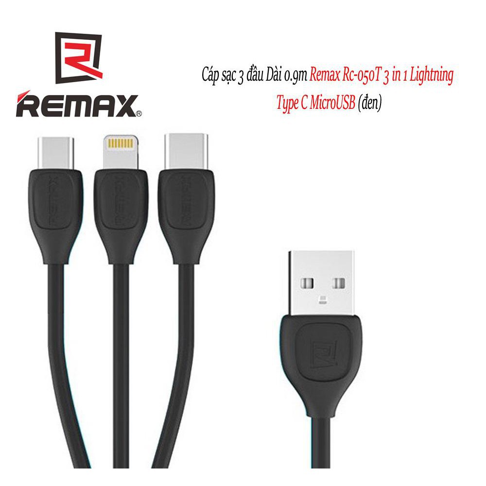 Cáp sạc 3 đầu Dài 0.9m Remax Rc-050TH 3 in 1 Lightning Type C MicroUSB