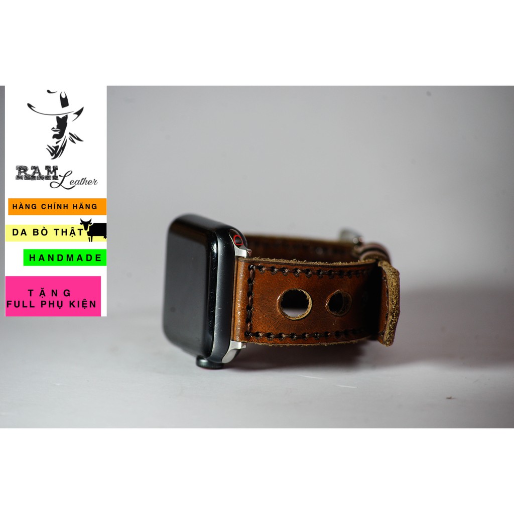 Dây đồng hồ da bò cao cấp nâu đỏ kiểu thoáng khí RAM Leather d3 cực đẹp - tặng khóa chốt và cây thay dây