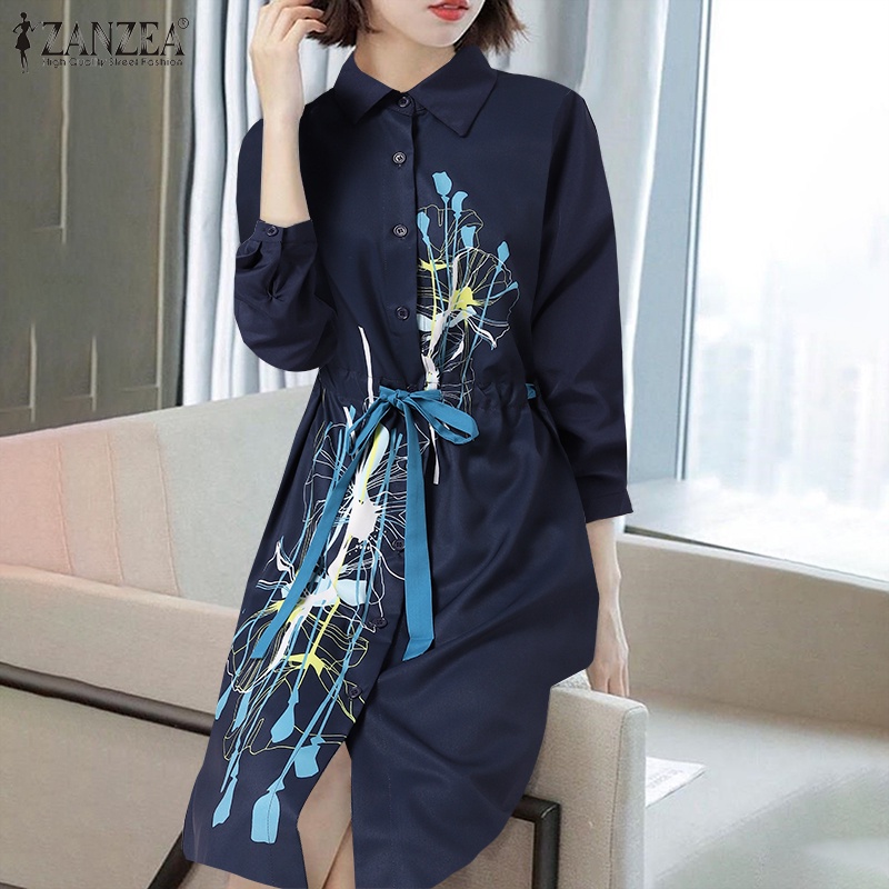 Đầm midi ZANZEA tay dài cổ bẻ thắt eo in họa tiết thời trang cho nữ