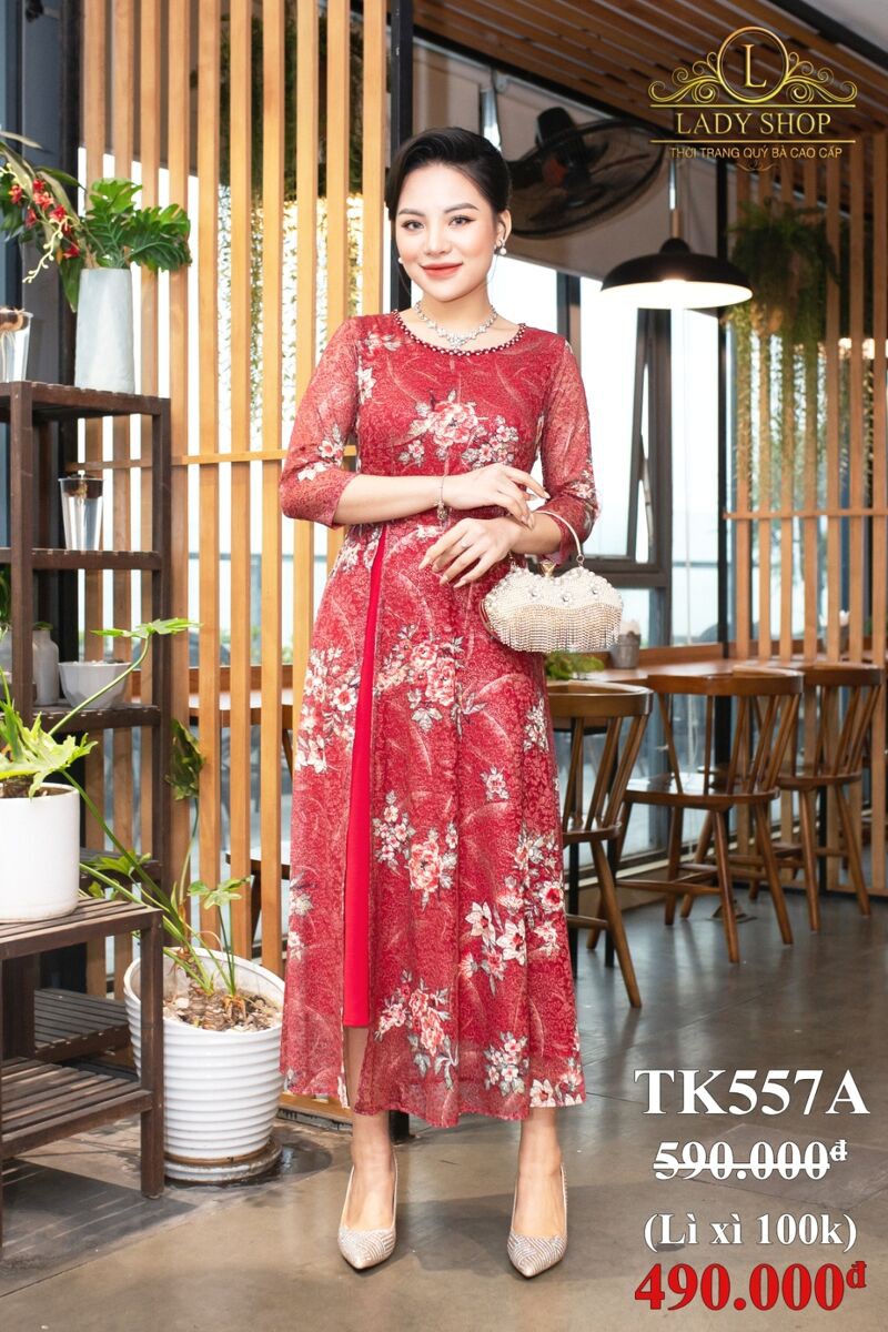 Váy Trung niên đầm quý bà Cao Cấp - LADYSHOP - Đầm ren đỏ cành hoa xẻ tà cổ đá TK557