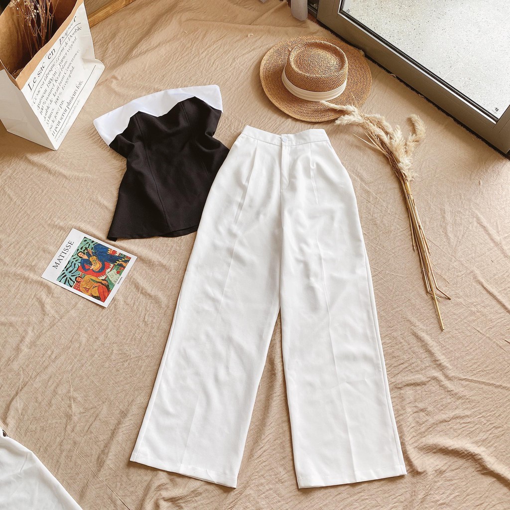 SET ÁO CÚP NGỰC ĐEN VIỀN TRẮNG XẺ TÀ + QUẦN SUÔNG | BigBuy360 - bigbuy360.vn