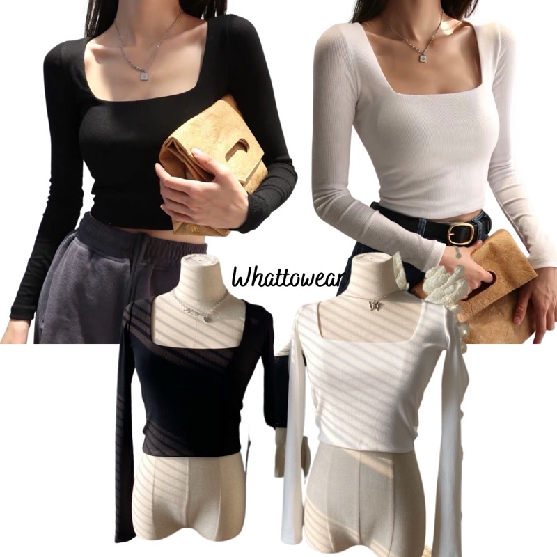 Áo Croptop cổ vuông thun gân may 2 lớp dài tay - by whattowear