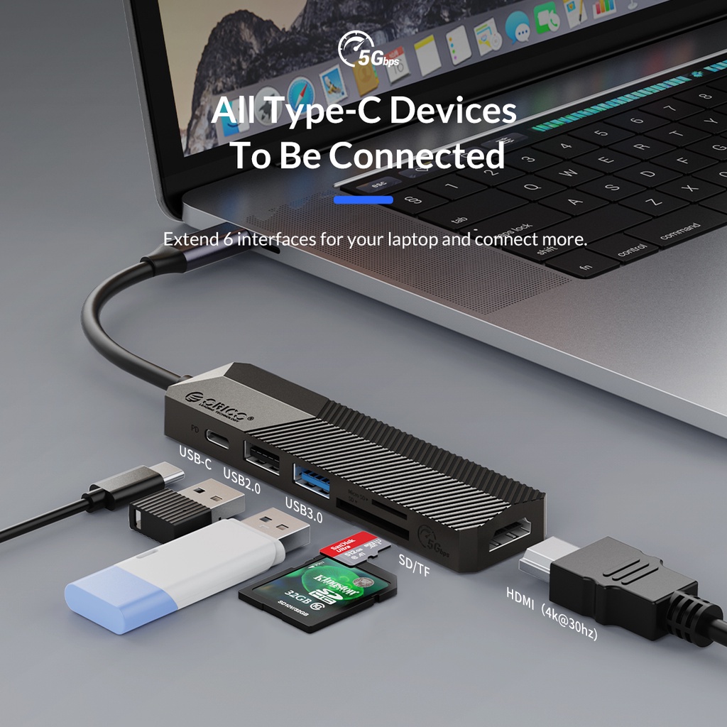 Hub USB Orico Chuyển Đổi 6 Trong 1 Cổng Type C Sang USB 3.0/ USB 2.0/ HDMI/ SD/ TF/USB-C(PD) MDK-6P-BK - Hàng Chính Hãng