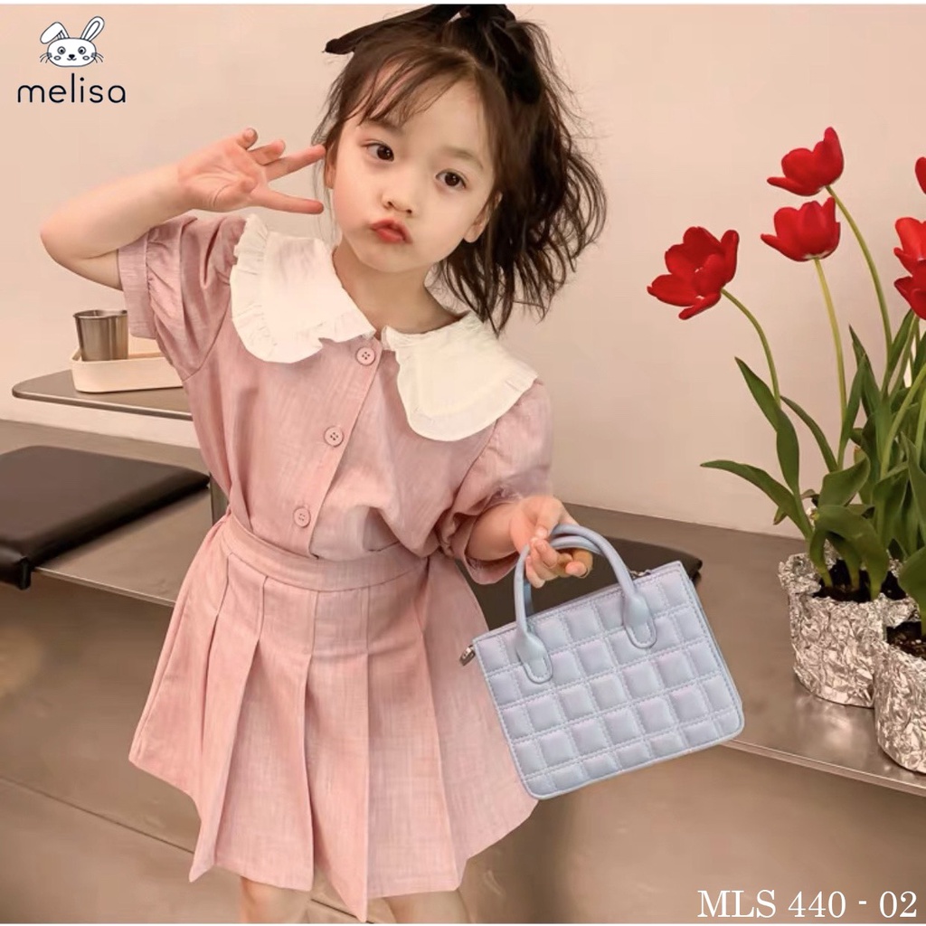 Váy cho bé gái, Sét váy dạ TEX mềm cổ bèo kèm chân váy xếp ly cho bé size 12-33kg