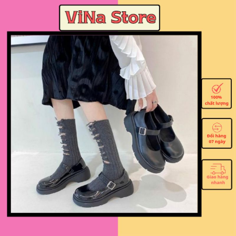 Giày LOLITA nữ đế bằng màu đen,xăng đan thời trang thu đông hottrend 2022 VINA STORE mã LOLITA- trơn