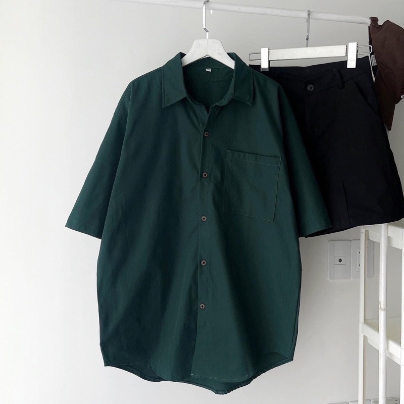 Áo Sơ Mi Tay Ngắn Trơn 1 Túi Màu Xanh Unisex( Hàng Sẵn, Ảnh Thật)