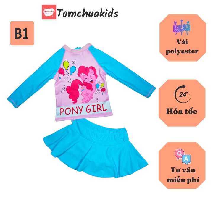 Đồ bơi bé gái tay dài hình Pony từ 10-39kg -quần giả váy tạo kín đáo- Tomchuakids