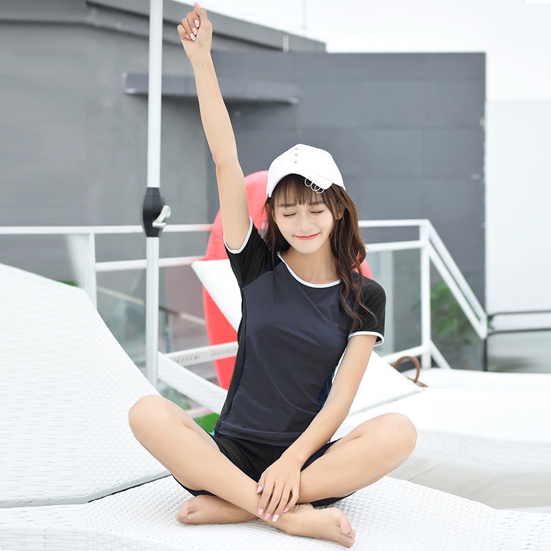 [L] Đồ bơi nữ Bikini 2 mảnh kín đáo cho học sinh tay ngắn quần đùi lửngmàu đen DBN007
