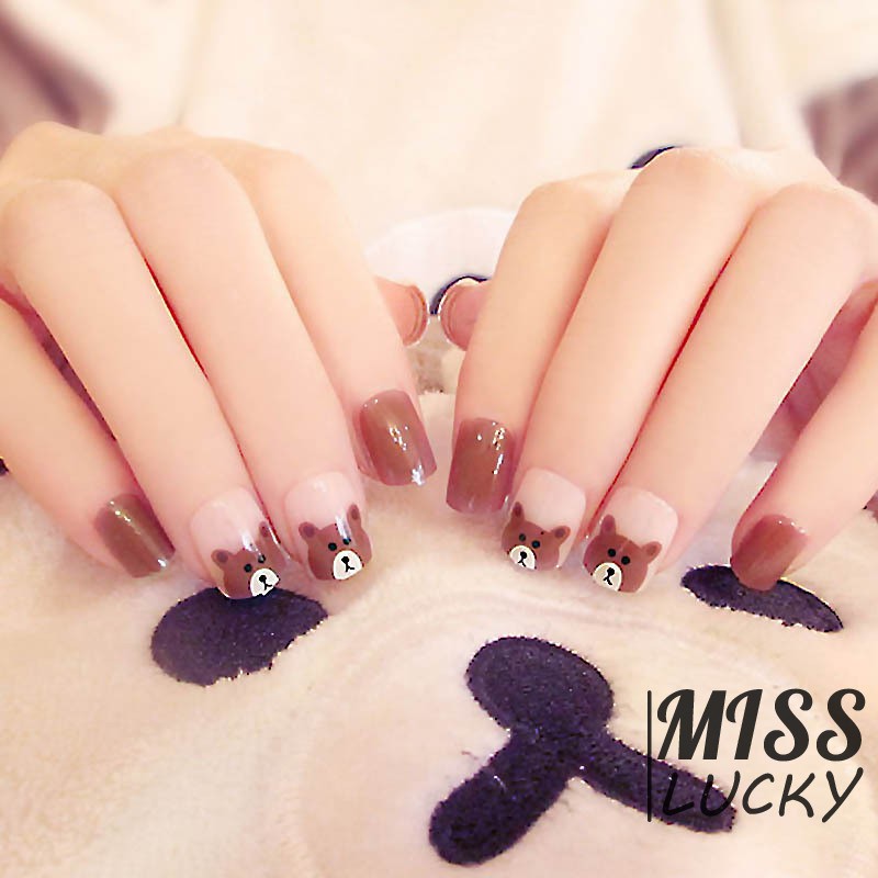 [Hàng mới về] Set 24 móng tay giản ngắn hình chú gấu nâu dễ thương
