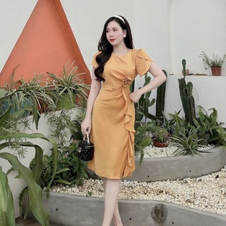Đầm lụa hoa bèo rúm eo