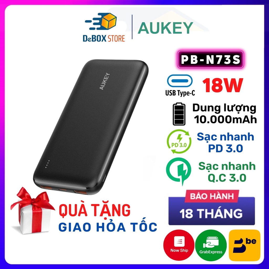 Sạc Dự Phòng Siêu Mỏng Aukey Basic Slim 10.000 PB-N73S Sạc PD 18W, 2 Cổng USB QC 3.0 18W - Chính Hãng