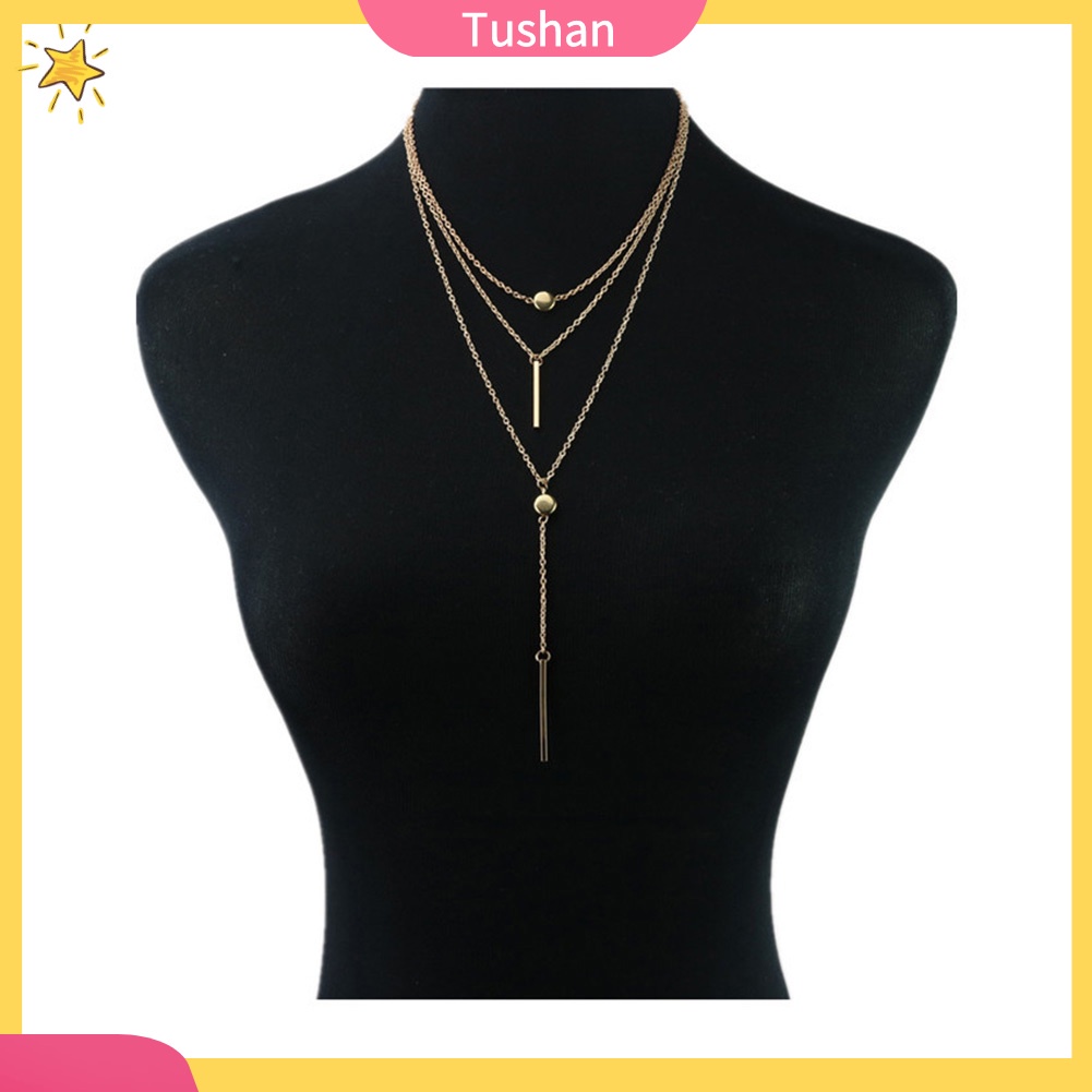TUSH_Women Multi Layers Necklace Circle Bar Charm Pendant Boho Jewelry Birthday Gift