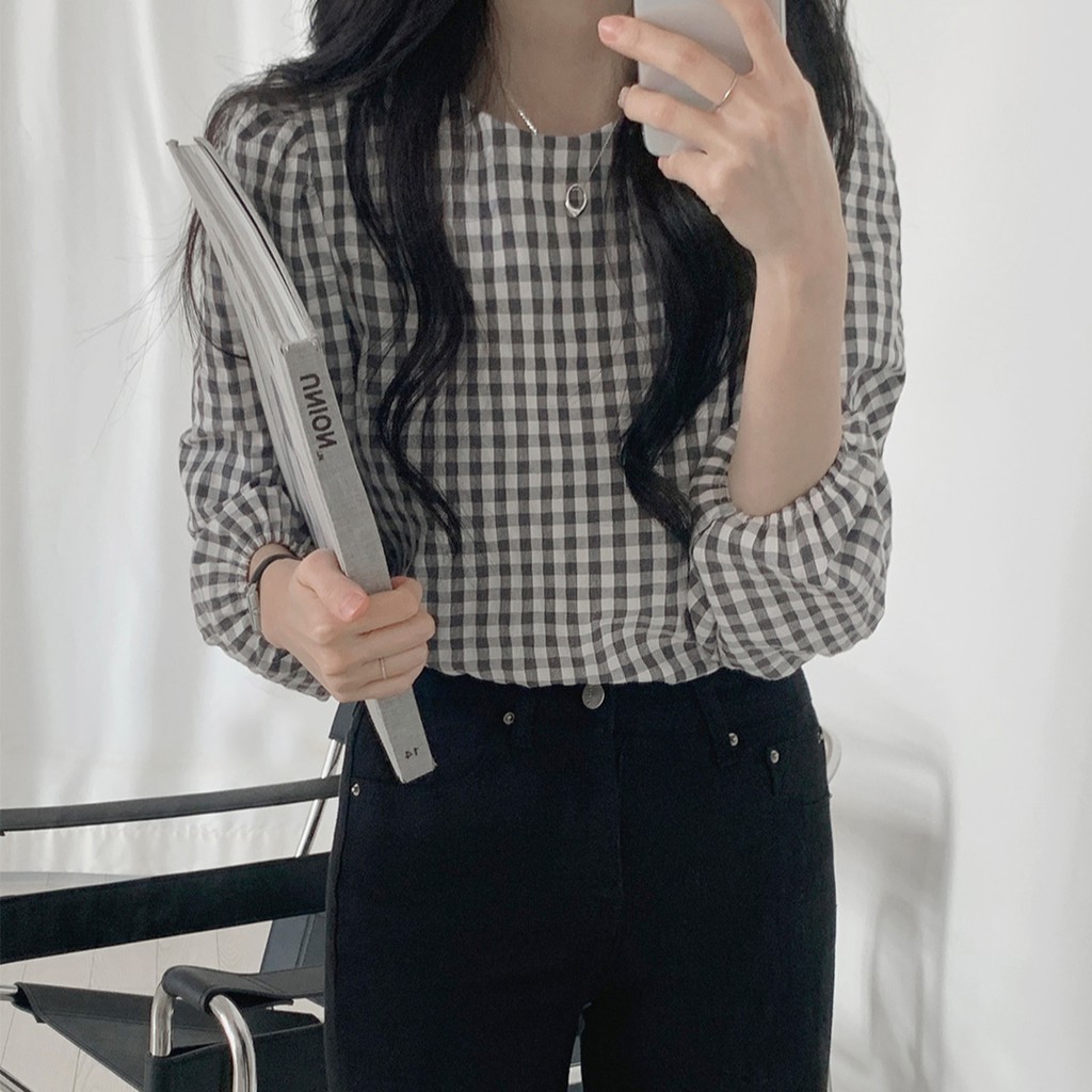 41474 Áo Sơ Mi Tay Dài Cổ Tròn Họa Tiết Kẻ Sọc Ca Rô Phong Cách Hàn Quốc