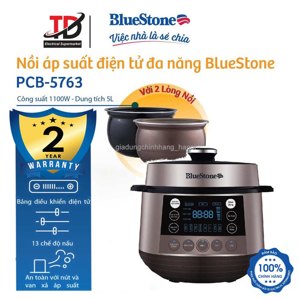 Nồi Áp Suất Điện Bluestone PCB-5763, 1100W - 5 Lít, Bảo Hành Chính Hãng 2 Năm