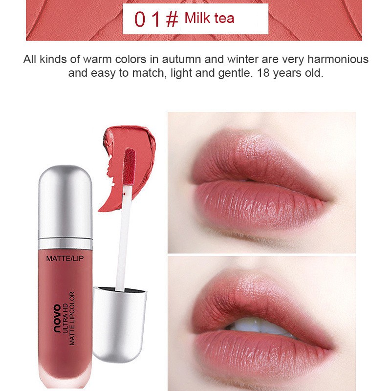 ✨Hot Sale✨ Son kem lì dưỡng ẩm kháng nước nhãn hiệu NOVO Son kem lì Novo Big Ultra HD Matte Lip bền màu chống trôi techo