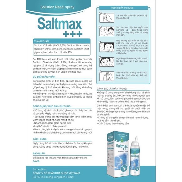 Xịt mũi Saltmax 100ml vệ sinh mũi, làm sạch chất nhầy, an toàn với phụ nữ có thai