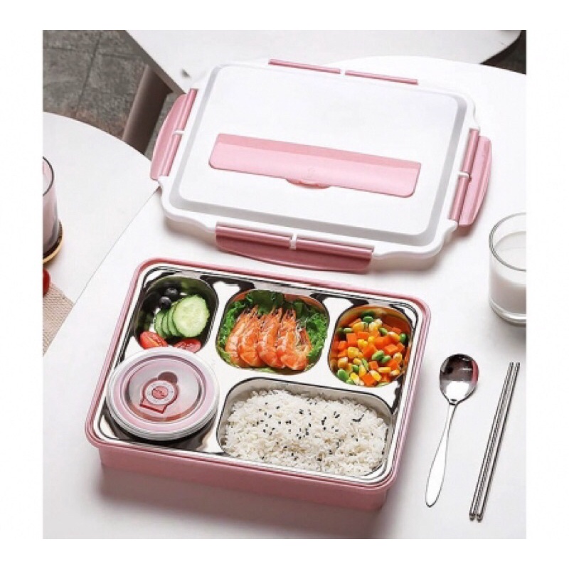 Hộp khay cơm phần giữ nhiệt 5 ngăn Inox (Tặng kèm đũa+muỗng Inox)