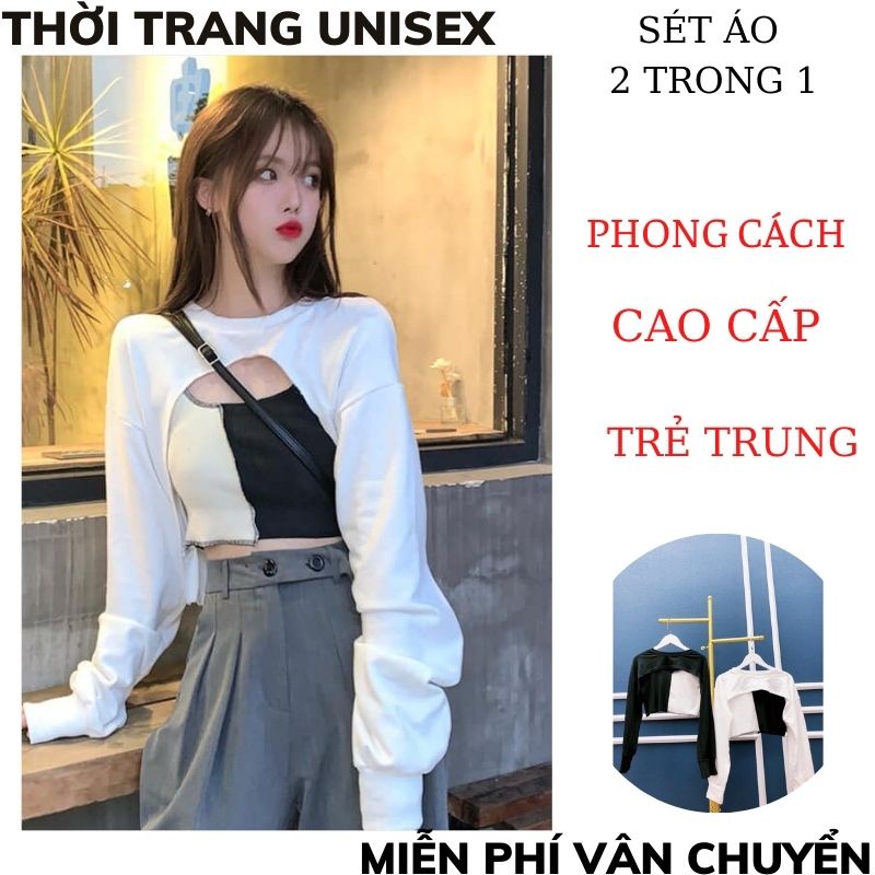 Sét Ao croptop nữ dài tay khoét ngực ,áo 2 dây nữu phối mầu chất bao đẹp ,áo khoét ngực hàn quốc , TT1989