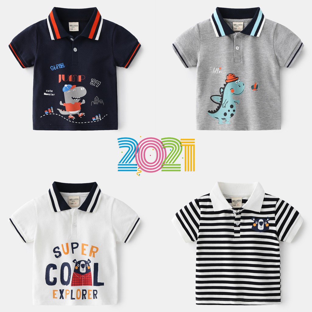 Áo Polo bé trai WELLKIDS áo có cổ cho bé họa tiết khủng long chất cotton hàng xuất Âu Mỹ