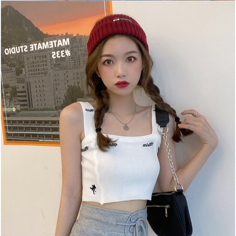 Áo hai dây bản to len tăm croptop thêu chữ A2S13