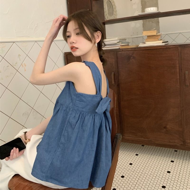 Áo Denim Không Tay Đính Nơ Thời Trang Mùa Hè Cho Nữ