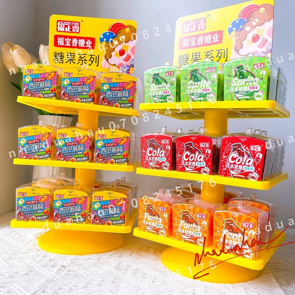 Hot - Một hộp kẹo dẻo burger/ cola/ sprite/ fanta Tháp Chú Hề Hongkong hình hộp mứt cúp lớn 100gam