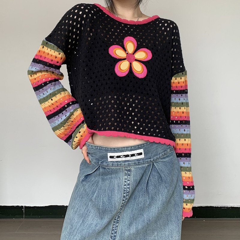 Áo Sweater Dệt Kim Tay Dài Cổ Tròn Dáng Rộng In Hoa Kiểu Đường Phố Thời Trang Cho Nữ