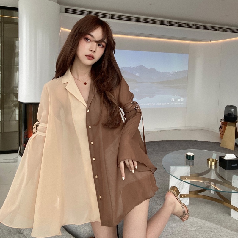 Áo Sơ Mi Chiffon Chống Nắng Tay Dài Cổ Chữ V Màu Sắc Tương Phản Dễ Phối Đồ Thời Trang Mùa Hè Cho Nữ