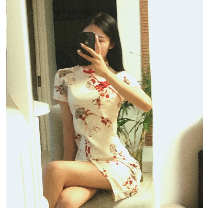 Sườn xám retro hoạ tiết hoa quạt