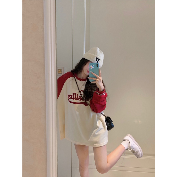 Áo Sweater Cổ Tròn Tay Dài Dáng Rộng In Chữ Kiểu Retro Mỹ Thời Trang Cho Bạn Gái