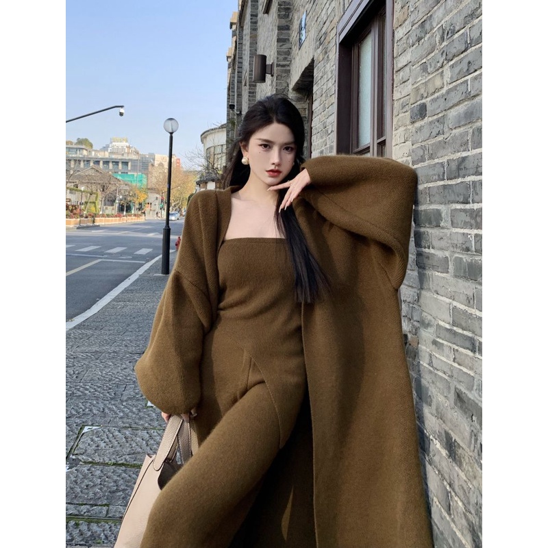 One-piece / suit autumn and winter new knitted medium-and long-style coat + irregular bra vest + long trousers