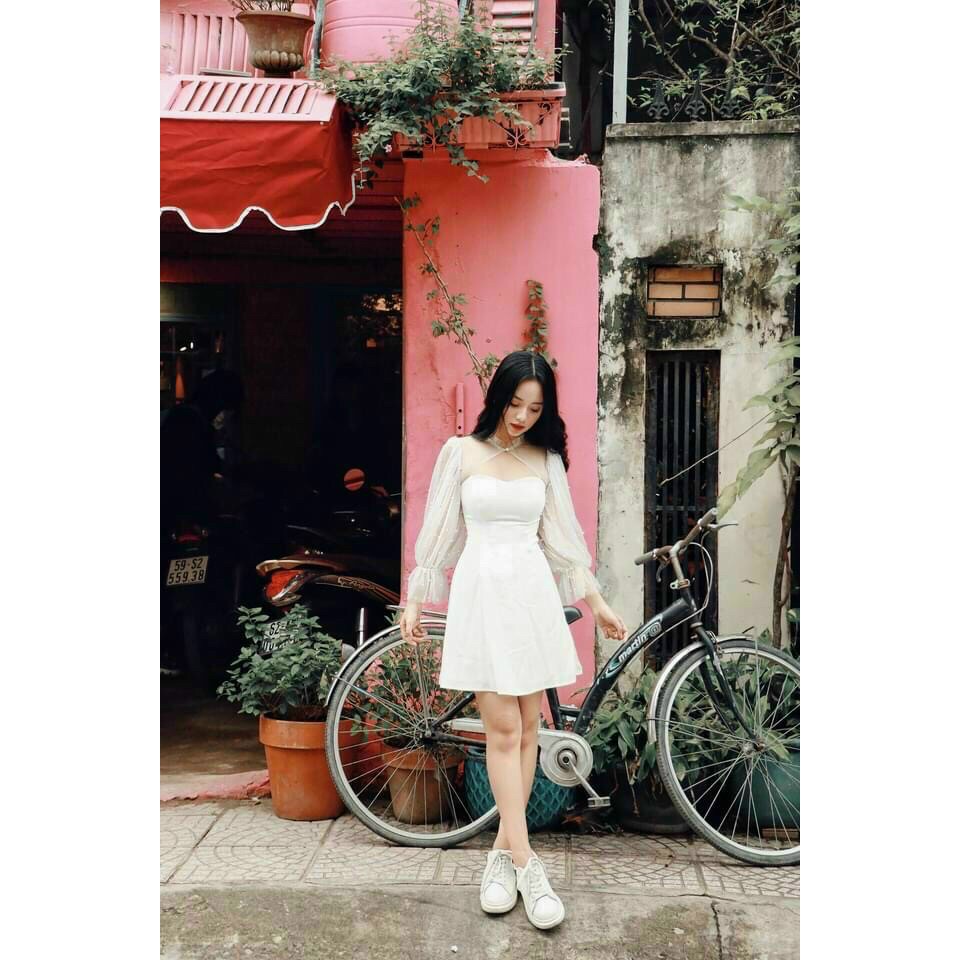 Đầm phối lưới tay bồng