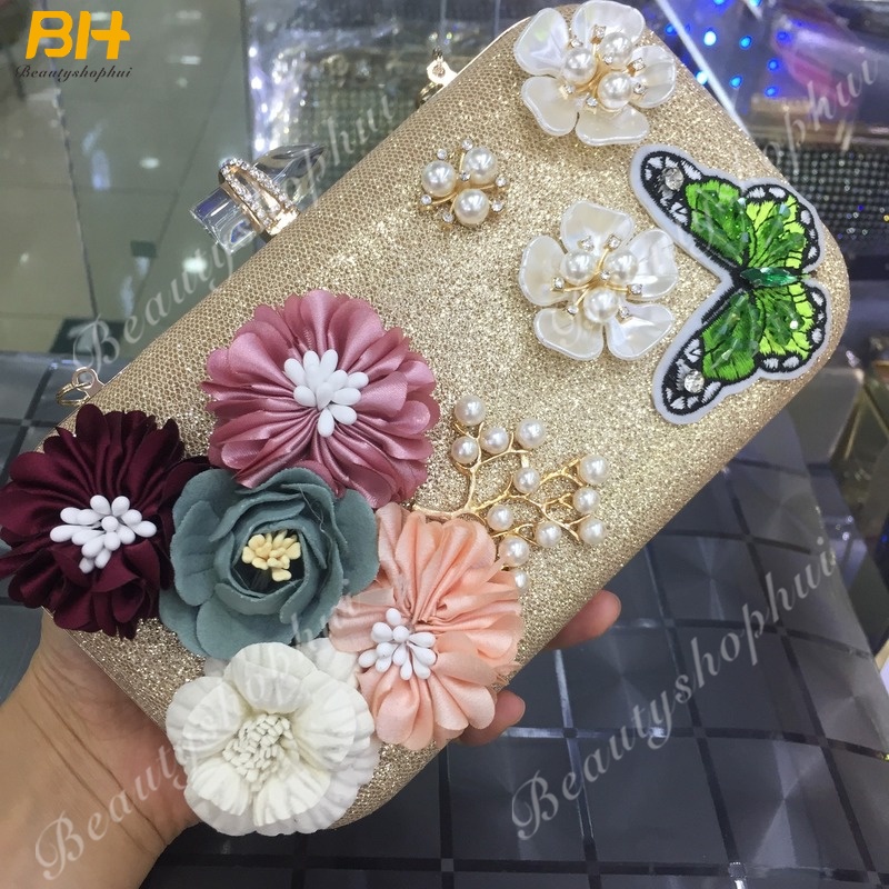 Ví Cầm Tay Ba Chiều Bằng Vải Satin Đính Hoa Ngọc Trai Kim Cương Ba Chiều Mới Dành Cho Bạn Nữ Dự Tiệc Tối