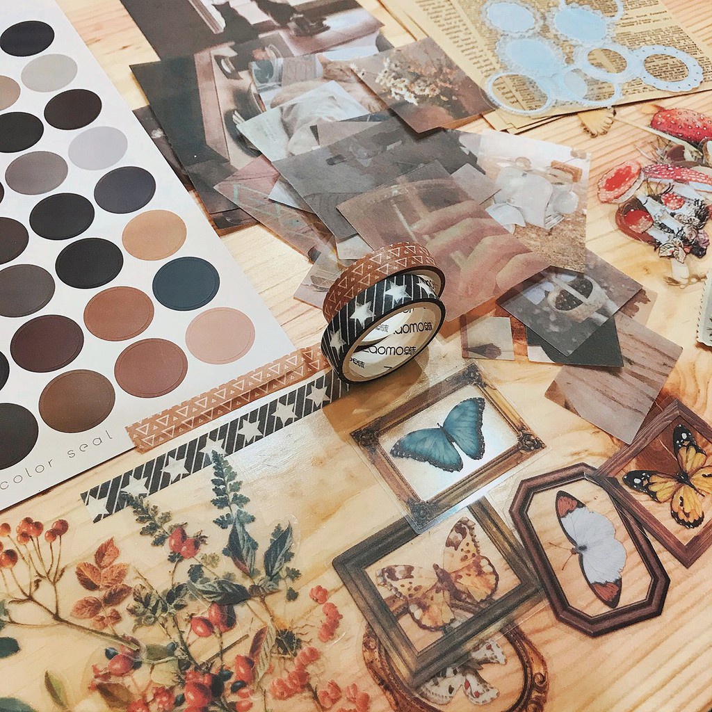 Trọn bộ sticker, washi tape phụ kiện trang trí Bullet Journal kèm túi quà tặng kraft Vintage Vpp Tuệ Minh