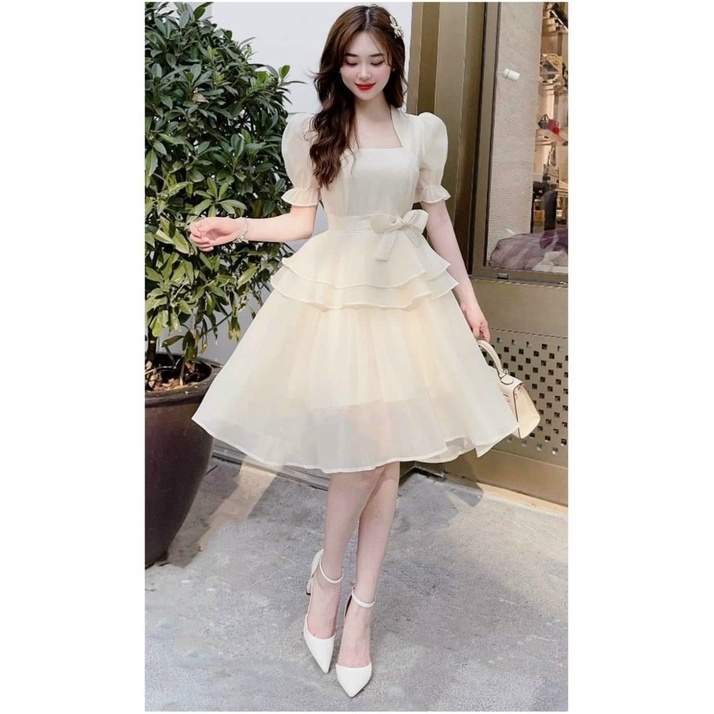 đầm xòe tiểu thư cổ vuông tay phồng, đầm xếp tầng siêu xinh