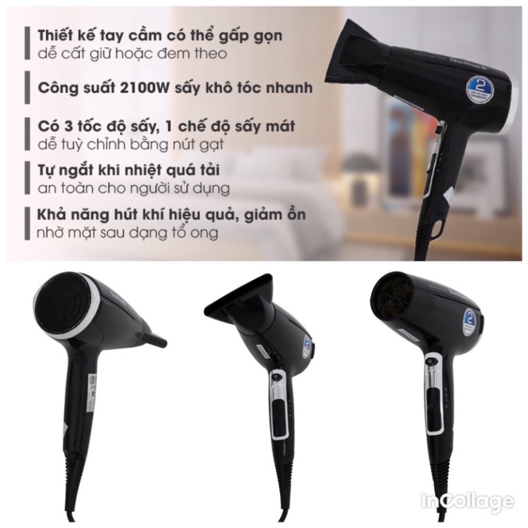 Máy sấy tóc Bluestone HDB-1846 công suất 2100W tự động ngắt khi quá nhiệt
