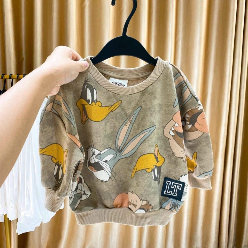 Áo nỉ bé trai bé gái thu đông cổ tròn màu xám loang in hình thỏ chất nỉ bông dày đẹp siêu ấm hàng VNXK