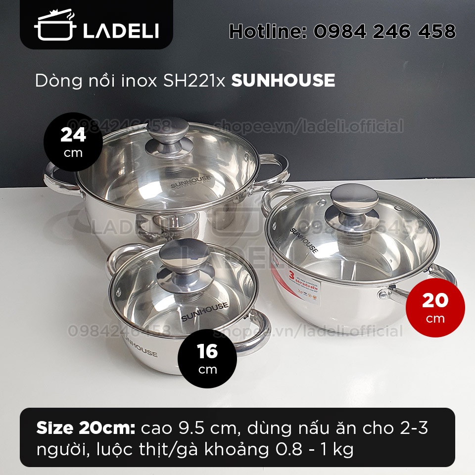 Nồi inox 3 đáy SUNHOUSE SH22120 vung kính đáy từ size 20cm